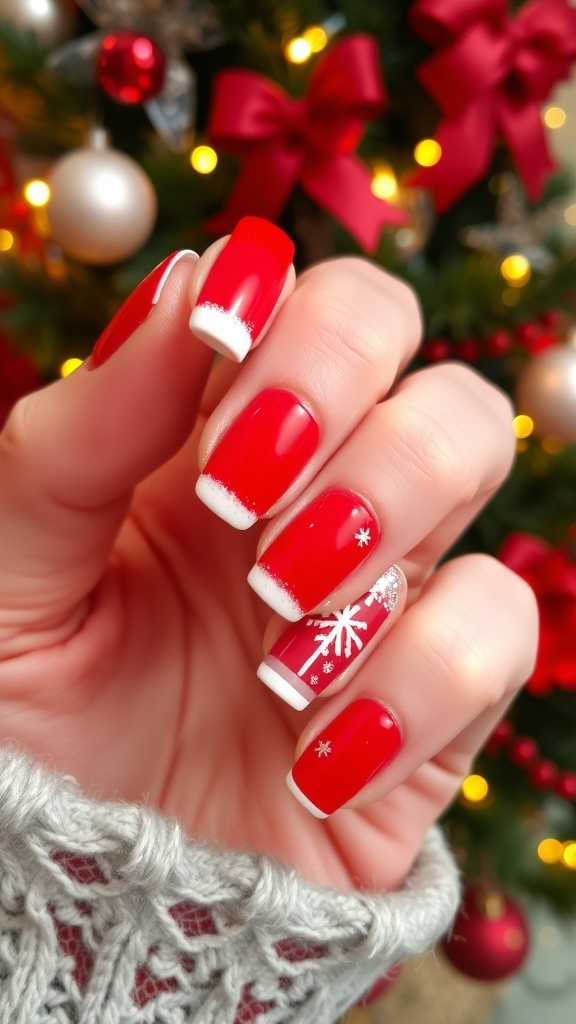 Short French red Christmas nails with white tips and holiday decorations.